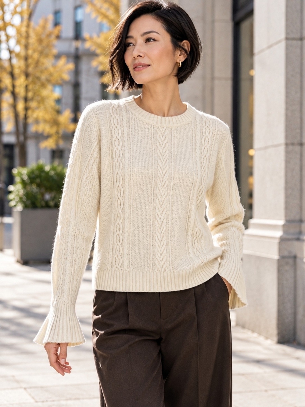 J.Crew Ivory Wool Blend Cable Knit Flared Cuff Sweater M